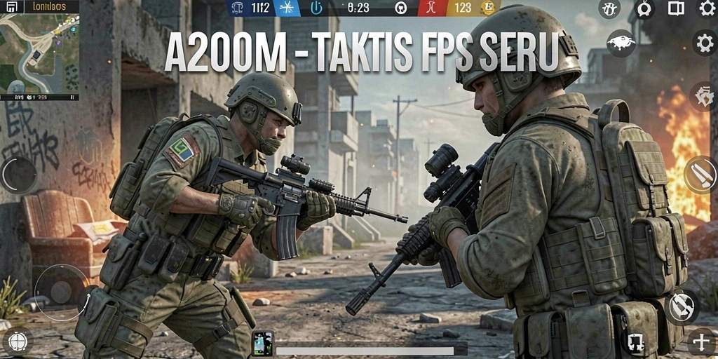 Tampilan gameplay seru A200M dengan aksi FPS yang mendebarkan.