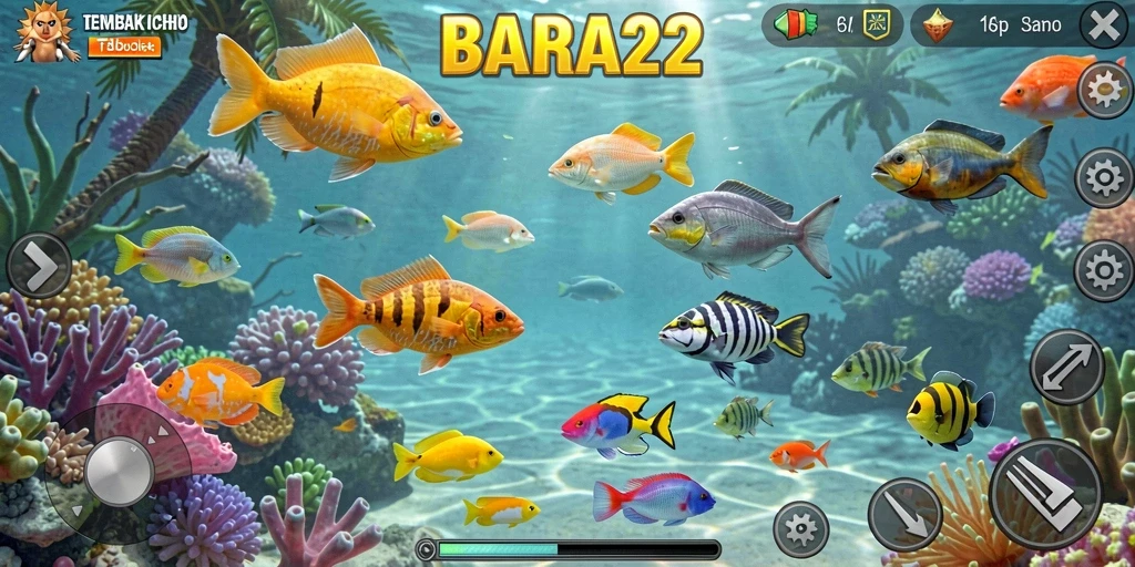 Screenshot dari gameplay seru BARA22 saat menembak ikan.