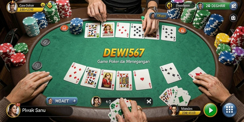 Tangkapan layar permainan DEWI567 menampilkan pemain yang bersaing di meja poker.