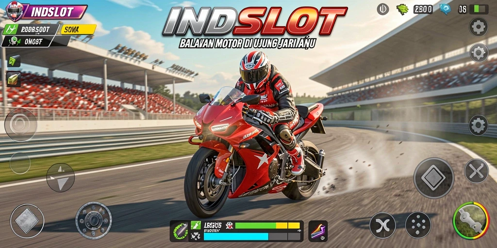 Screenshot gameplay INDSLOT menampilkan aksi balapan motor yang mendebarkan.