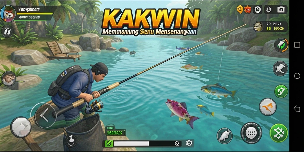 Screenshot gameplay KAKWIN yang menampilkan aksi memancing yang mendebarkan.