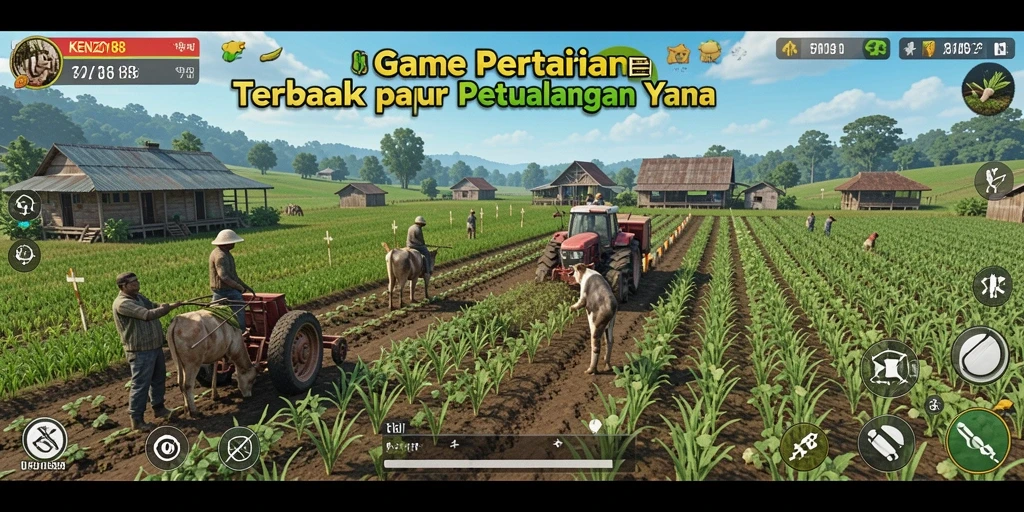 Screenshot KENZO188 yang memperlihatkan aktivitas bertani yang seru.