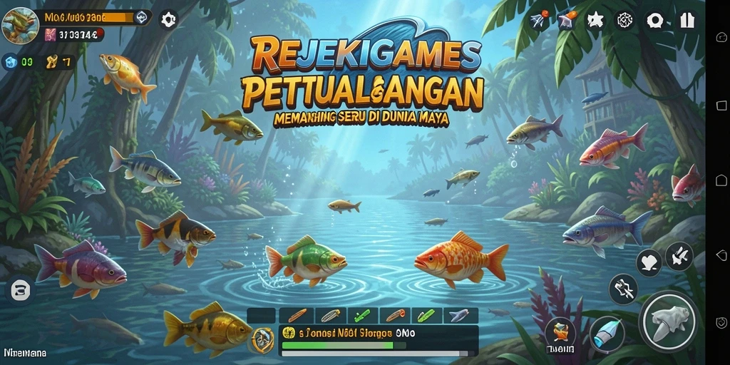 Tampilan gameplay memancing seru di REJEKIGAMES dengan aksi menangkap ikan.