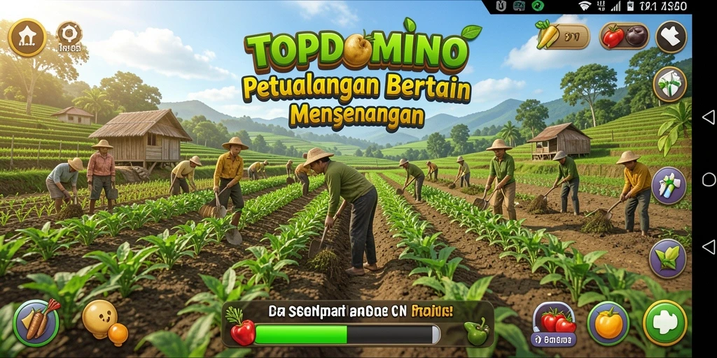 Tampilan gameplay TOPDOMINO dengan kebun yang indah dan hewan ternak.